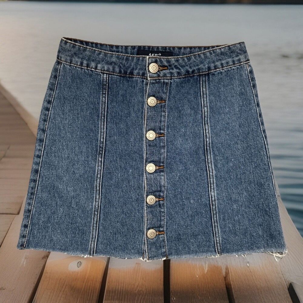 Aero High Rise Skirt 0 (W26 Length 16) Blue Button Cotton Denim A Line Womens